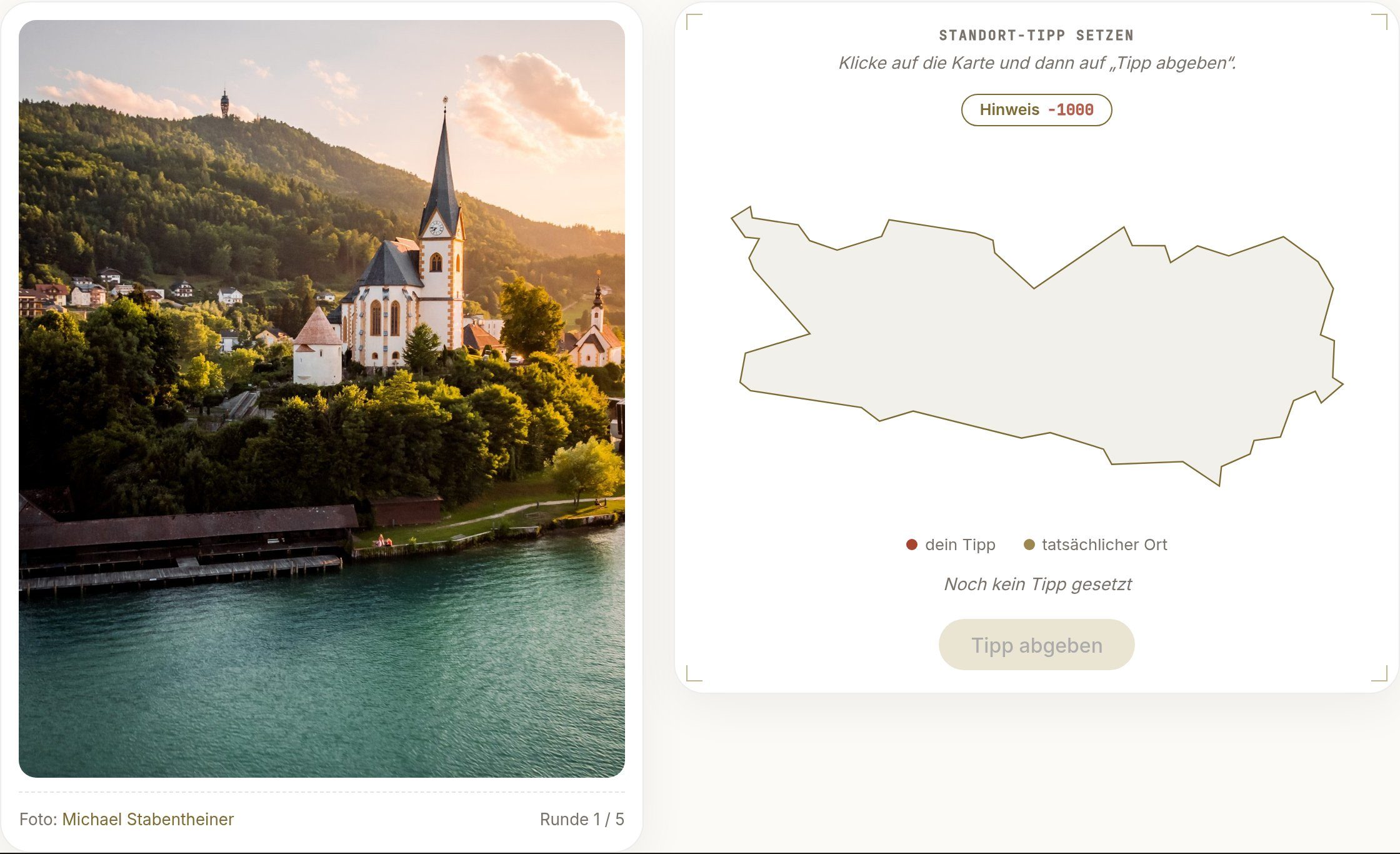 Vorschau des Kärnten-Rätsel Geo-Ratespiels: Foto und interaktive Karte nebeneinander